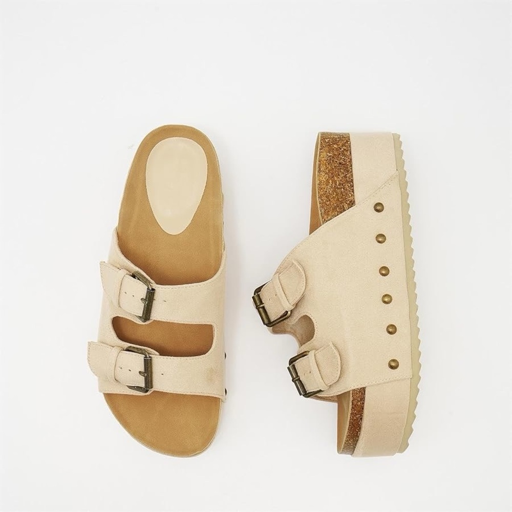 Women Metallic Platform Sandals Cork Footbed Heeled Slides Buckles clogs beige - Picture 6 of 7